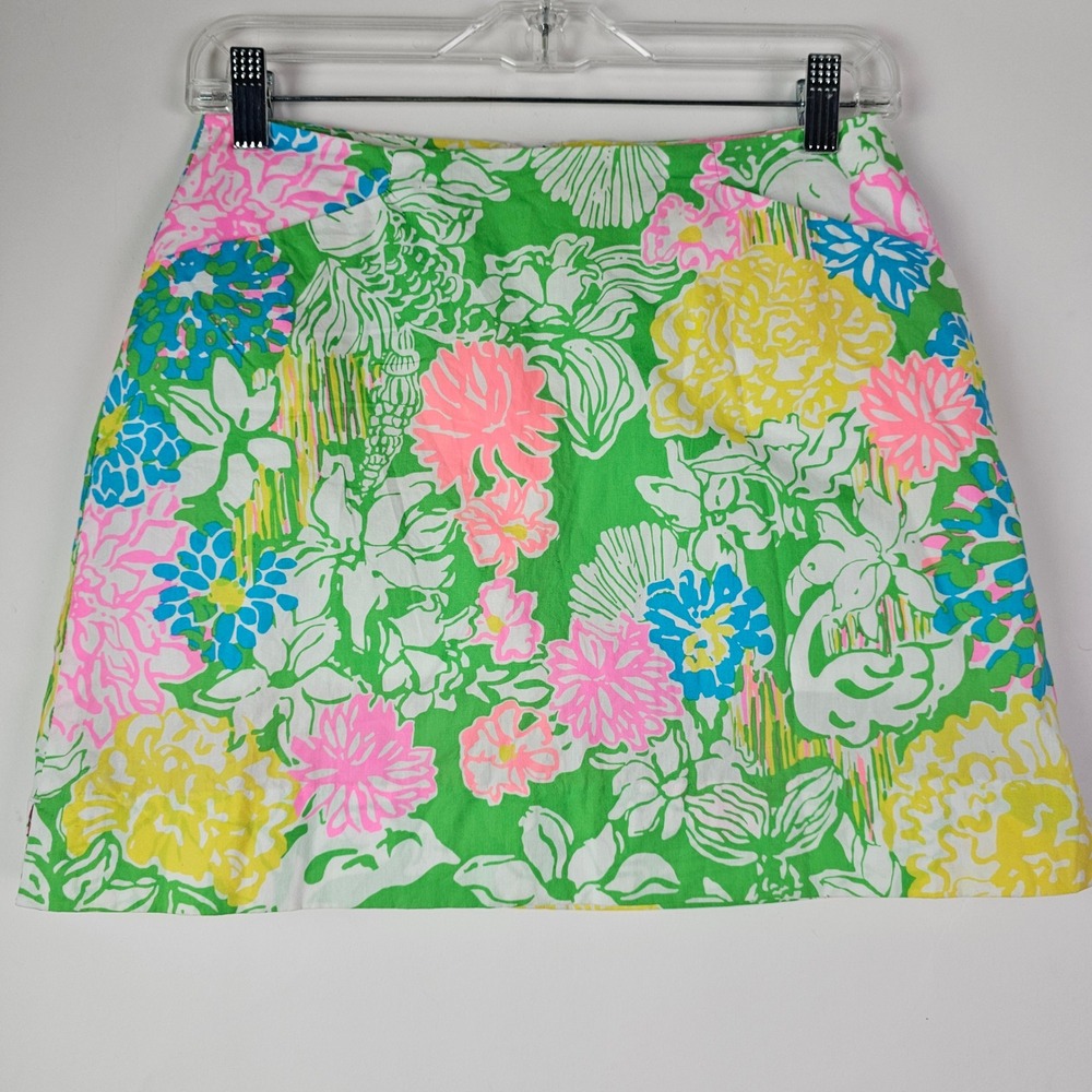 Lilly Pulitzer Multi Color Floral Flamingo Mini Skirt Skort 00 Green Pink Yellow